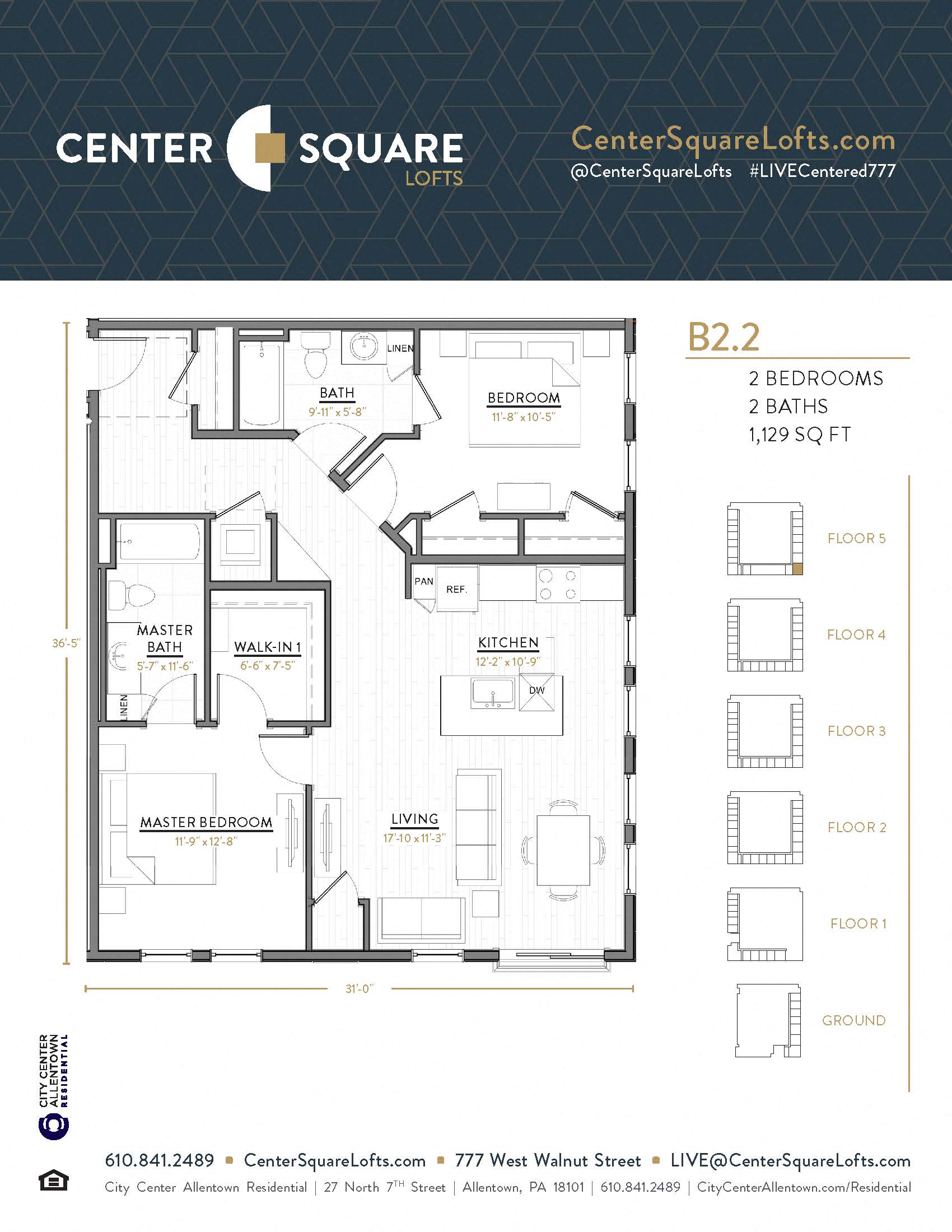 Floor plan for 2 beds, 2 baths, 1129 sqft
